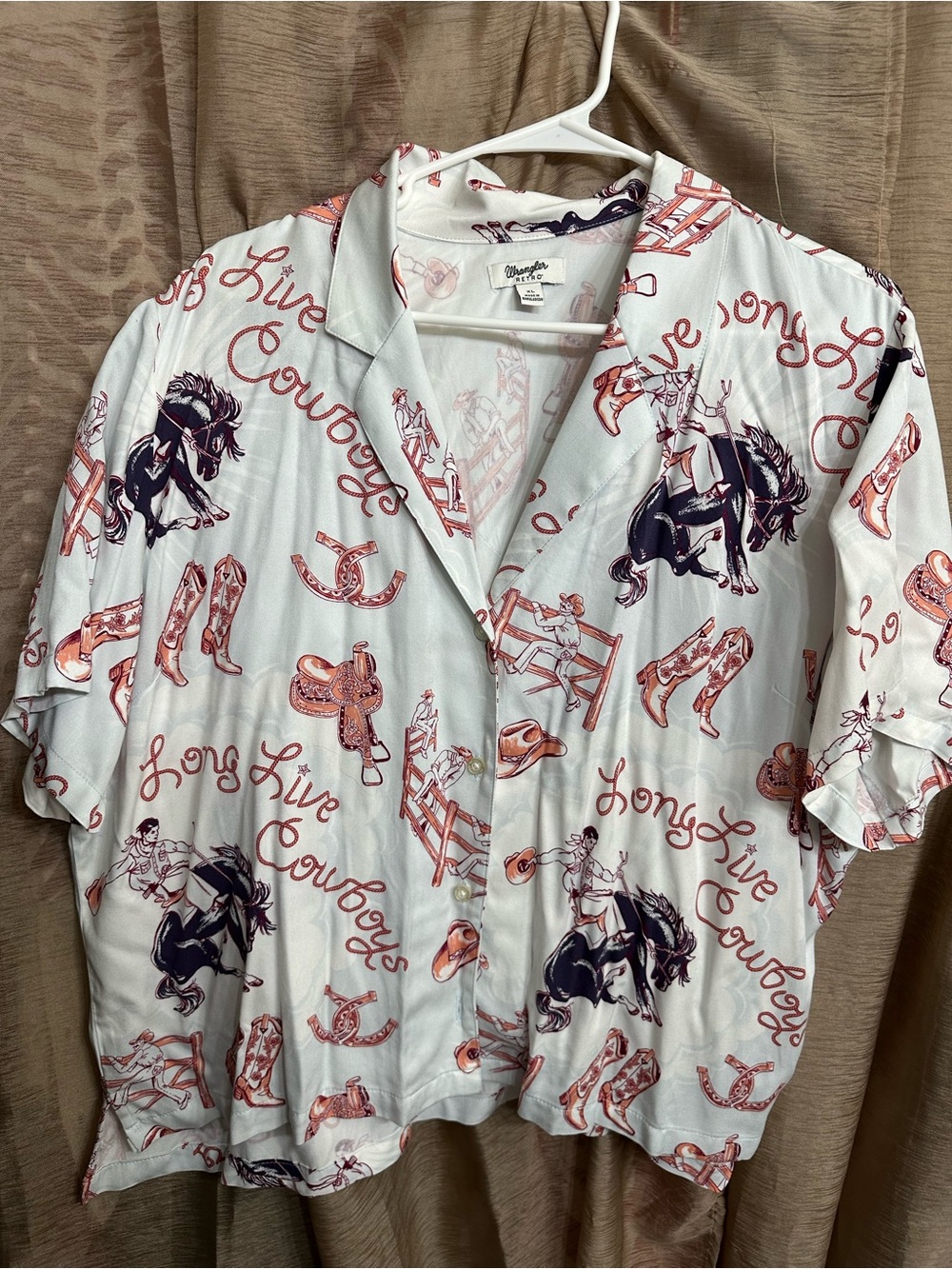Wrangler Cowboy Print Button-Up Shirt - White with Navy & Coral